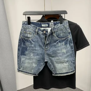 New Summer Men Fashion Simple Denim Pants Cat Beard Social 5 Points British Slim Fit Jeans Shorts