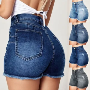 Hot Pants Sexy Women High Waist Denim Shorts Raw Edge Wrapped Hip Stretchy Shorts Summer Retro Ripped Jeans Solid Streetwear