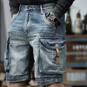 Heavy Vintage Jean Shorts Men 2025 Summer American Washed Hole Leather Loose Side Pock Riding Denim Shorts Men's Cargo Pants