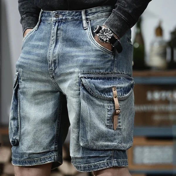 Heavy Vintage Jean Shorts Men 2025 Summer American Washed Hole Leather Loose Side Pock Riding Denim Shorts Men's Cargo Pants