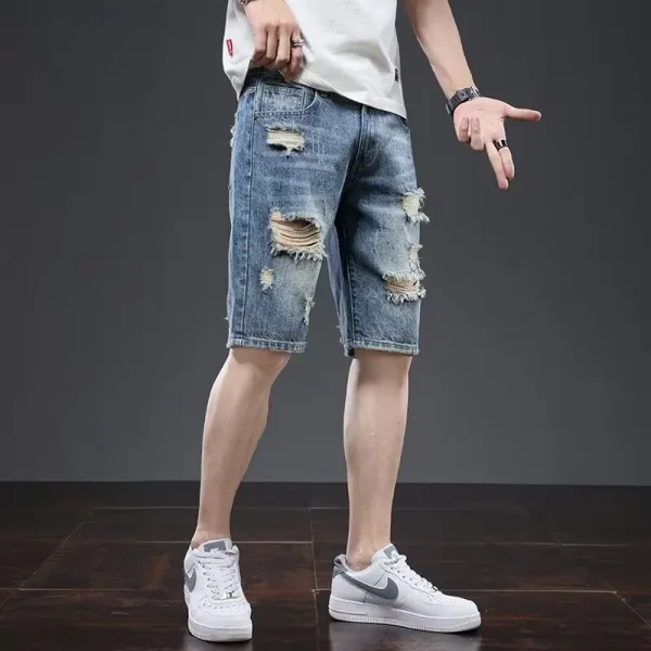 Summer Men's Loose Straight Blue Washed Jeans Shorts Mid-length Five Points Torn Hole Five Points Denim Pants - Image 4