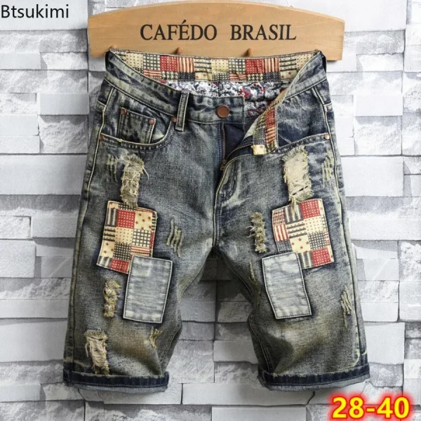 New 2025 Men's Summer Retro Ripped Denim Shorts New Fashion Casual Hole Patch Jean Shorts Streetwear Male Brand Clothes Shorts - Image 2