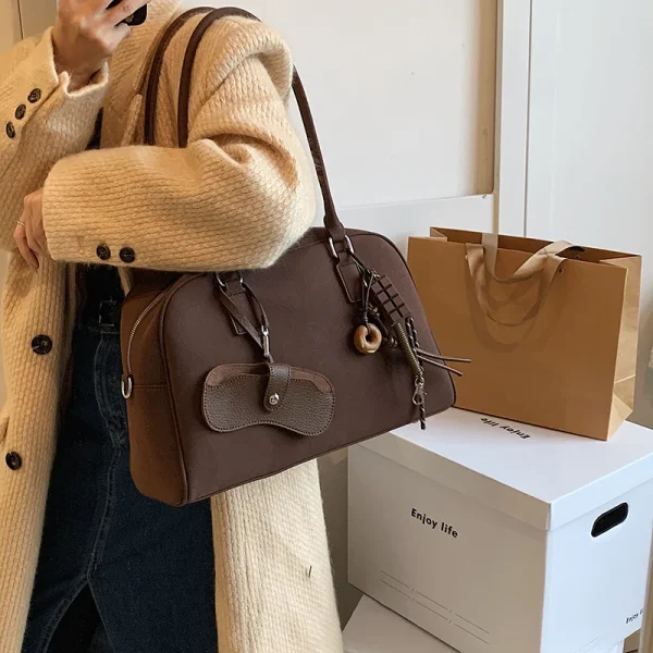Big Size Women Bowling Bags Suede Pure Color Large Capacity Shoulder Crossbody Bag With Long Strap 2024 Luxury Designer Handbags - Image 5