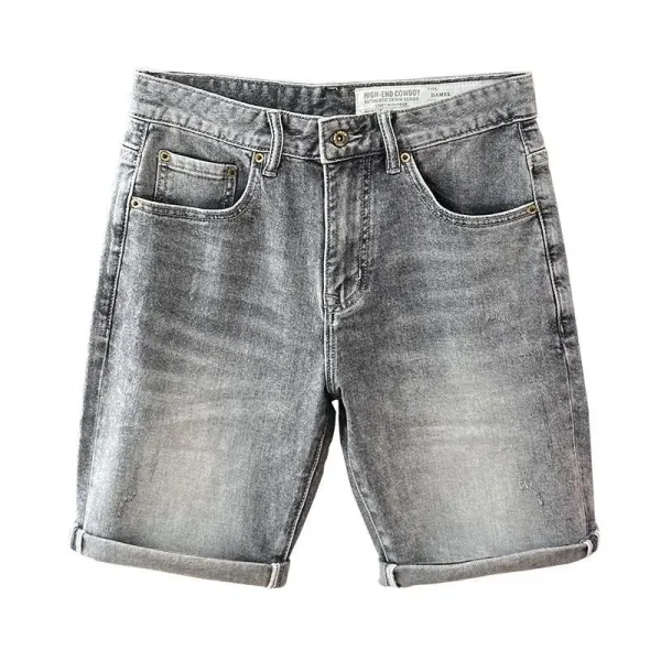 Short Jeans Pants for Men Printing Retro Gray Man Half Denim Shorts Thin Blue Korean Fashion Stretchable Wih Zipper New in Sale - Image 2