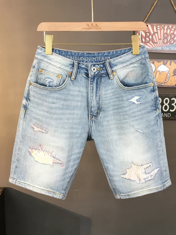 Men's 99% Cotton Stretch Denim Shorts 2025 Summer Lightweight Light Blue Destroyed Patchwork Slim Straight Fit Mid-Length Shorts - Image 2