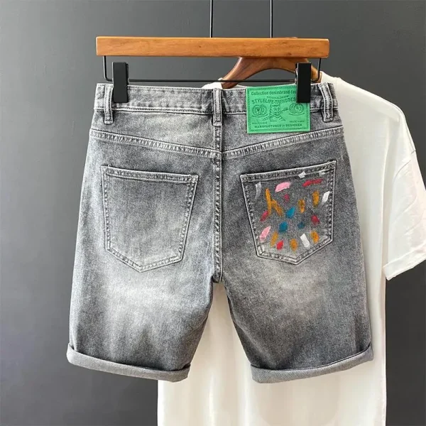 Short Jeans Pants for Men Printing Retro Gray Man Half Denim Shorts Thin Blue Korean Fashion Stretchable Wih Zipper New in Sale