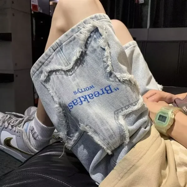 Harajuku Men's Summer Five Stars Loose Straight Shorts Jeans Youth Five Quarter Denim Shorts Pants - Image 4