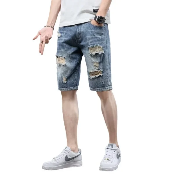 Summer Men's Loose Straight Blue Washed Jeans Shorts Mid-length Five Points Torn Hole Five Points Denim Pants - Image 5