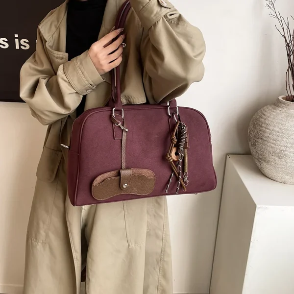 Big Size Women Bowling Bags Suede Pure Color Large Capacity Shoulder Crossbody Bag With Long Strap 2024 Luxury Designer Handbags - Image 4