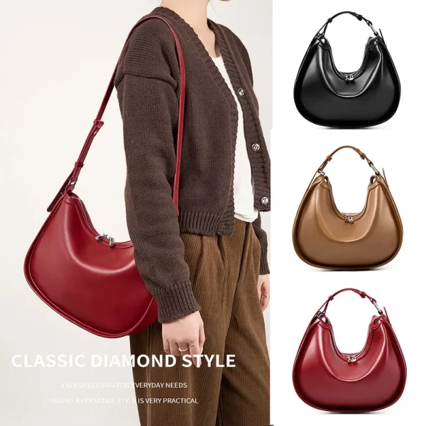 Luxury Designer Women's Bag 2025 New Genuine Leather Women Shoulder Bag High Quality Cowhide Half Moon Handbags Crossbody Bags - Image 2