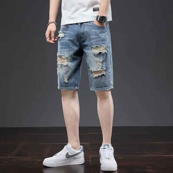Summer Men's Loose Straight Blue Washed Jeans Shorts Mid-length Five Points Torn Hole Five Points Denim Pants - Image 2