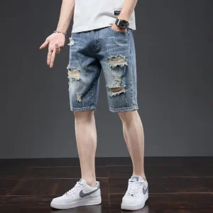 Summer Men's Loose Straight Blue Washed Jeans Shorts Mid-length Five Points Torn Hole Five Points Denim Pants