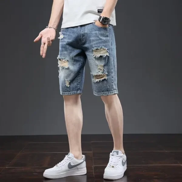 Summer Men's Loose Straight Blue Washed Jeans Shorts Mid-length Five Points Torn Hole Five Points Denim Pants