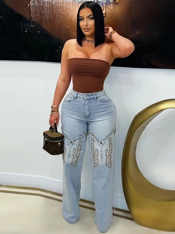 Embroidered High Waist Patchwork Women Jeans Zipper Pockets Straight Wide Leg Pants 2025 Spring Summer Street Lady Trousers - Image 5