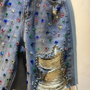 2025 summer diamond beaded denim shorts women new loose high waist slim mid-pants fashionable high street casual jeans