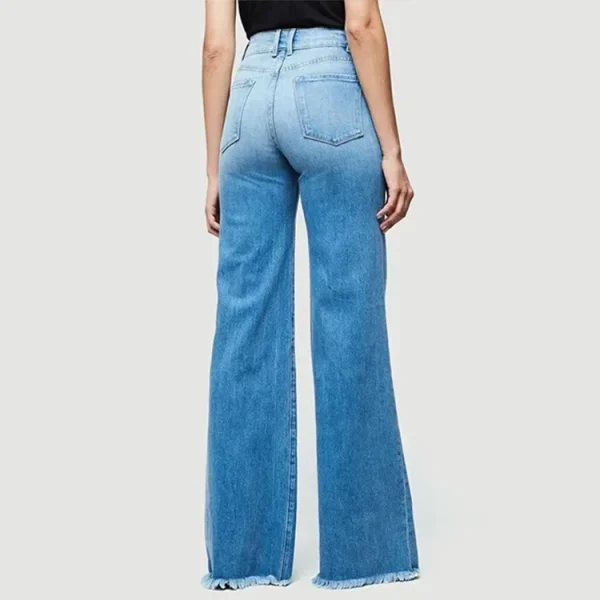 Women Washed Jeans Flare Pants Denim Mid Waist Vintage Denims Pockets Button Basics Full Length Solid Color Casual Trousers - Image 5