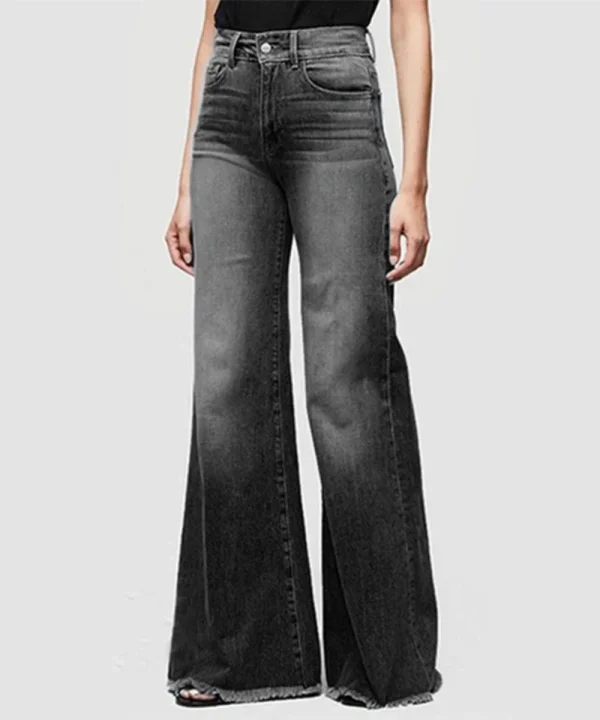 Women Washed Jeans Flare Pants Denim Mid Waist Vintage Denims Pockets Button Basics Full Length Solid Color Casual Trousers - Image 6