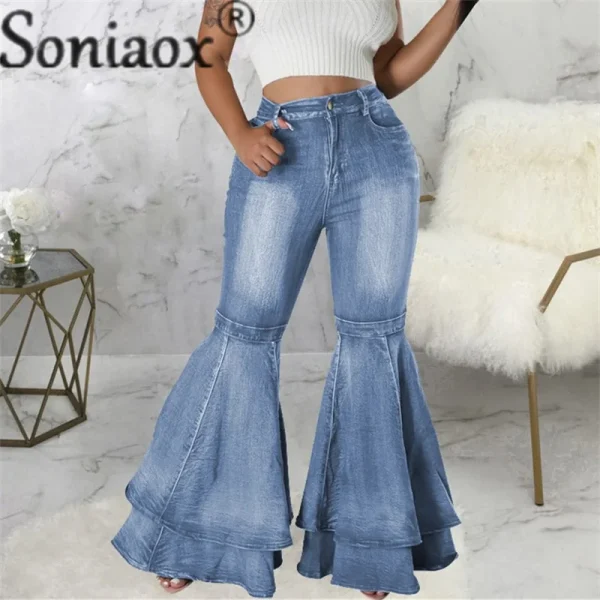 Fashion Splicing Layers Flared Jeans Women High Waist Comfortable Commuter Denim Pants Female Casual Stretch Wide Leg Trousers - Image 3