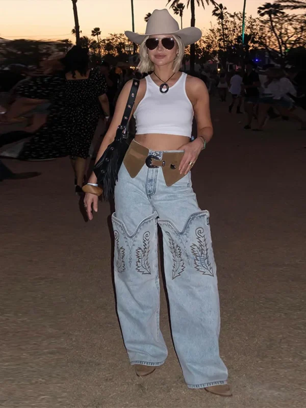 Embroidered High Waist Patchwork Women Jeans Zipper Pockets Straight Wide Leg Pants 2025 Spring Summer Street Lady Trousers - Image 4