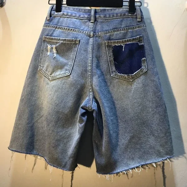 2025 summer diamond beaded denim shorts women new loose high waist slim mid-pants fashionable high street casual jeans - Image 3