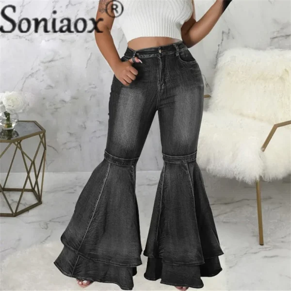 Fashion Splicing Layers Flared Jeans Women High Waist Comfortable Commuter Denim Pants Female Casual Stretch Wide Leg Trousers - Image 5