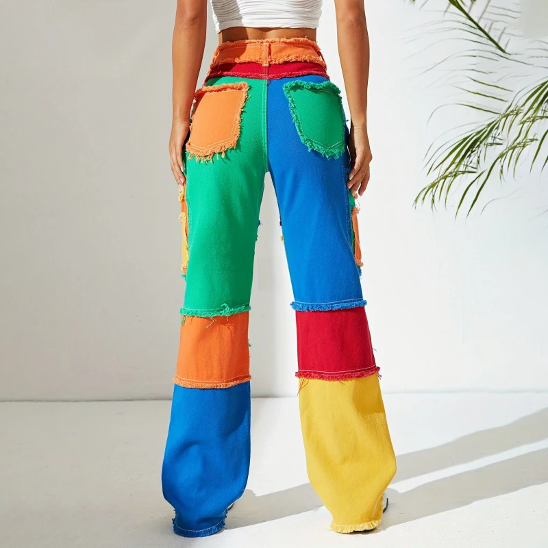 Women's Colorful Jeans Personality Street Pants Slim Fashion Color-blocked Street Corner Horn Jeans for Girls Stage Show Style - Image 3