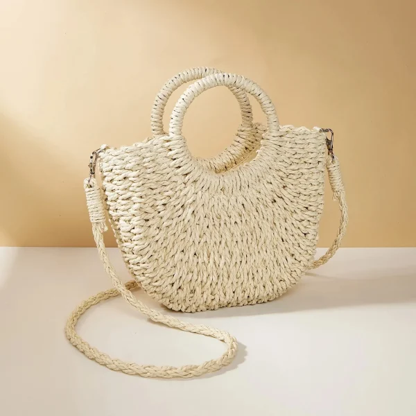 Large Capacity Women Summer Hollow Out Crossbody Shoulder Bag Handwoven Straw Rattan Half-Moon Beach Handbag