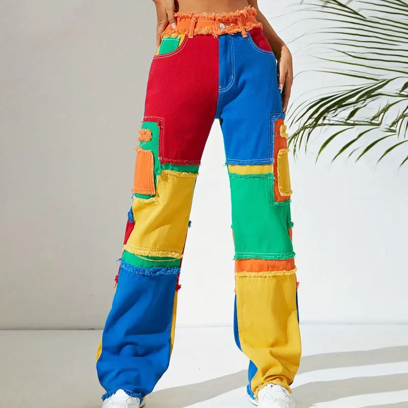 Women's Colorful Jeans Personality Street Pants Slim Fashion Color-blocked Street Corner Horn Jeans for Girls Stage Show Style - Image 4