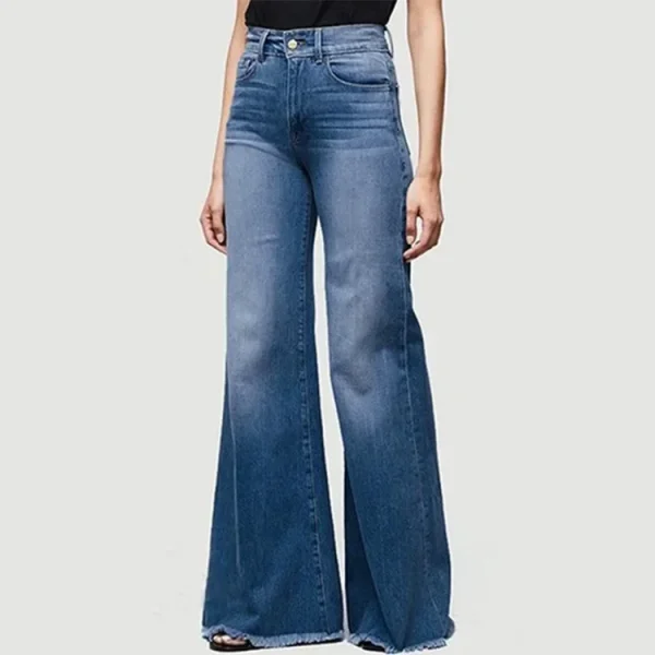 Women Washed Jeans Flare Pants Denim Mid Waist Vintage Denims Pockets Button Basics Full Length Solid Color Casual Trousers - Image 3