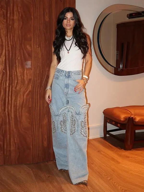 Embroidered High Waist Patchwork Women Jeans Zipper Pockets Straight Wide Leg Pants 2025 Spring Summer Street Lady Trousers - Image 2