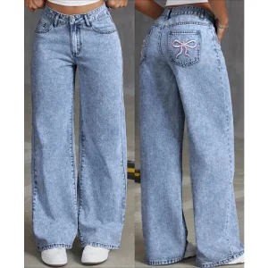 Denim Wide Leg Jeans High waisted Bow Embroidered Pocket Wide Leg Jeans Fashionable Women's Trousers Casual Style