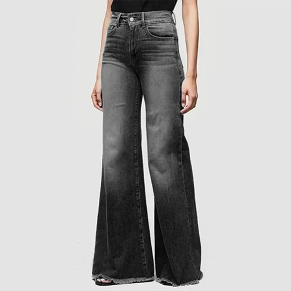 Women Washed Jeans Flare Pants Denim Mid Waist Vintage Denims Pockets Button Basics Full Length Solid Color Casual Trousers - Image 4