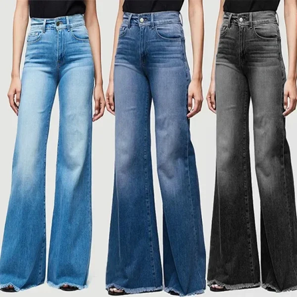 Women Washed Jeans Flare Pants Denim Mid Waist Vintage Denims Pockets Button Basics Full Length Solid Color Casual Trousers