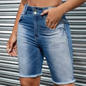 ARWY women's jeans pocket stitching burrs hem Bermuda casual Denim shorts
