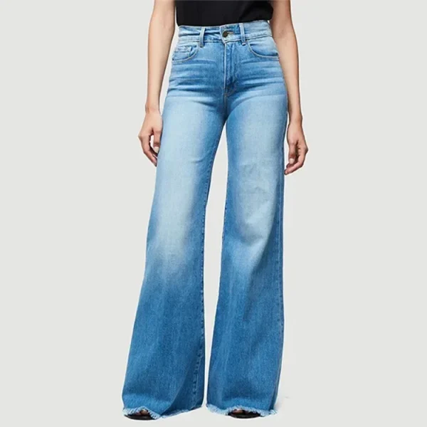 Women Washed Jeans Flare Pants Denim Mid Waist Vintage Denims Pockets Button Basics Full Length Solid Color Casual Trousers - Image 2