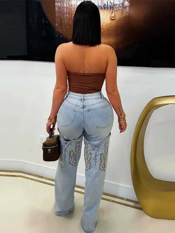 Embroidered High Waist Patchwork Women Jeans Zipper Pockets Straight Wide Leg Pants 2025 Spring Summer Street Lady Trousers - Image 3
