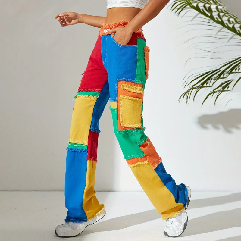 Women's Colorful Jeans Personality Street Pants Slim Fashion Color-blocked Street Corner Horn Jeans for Girls Stage Show Style - Image 2