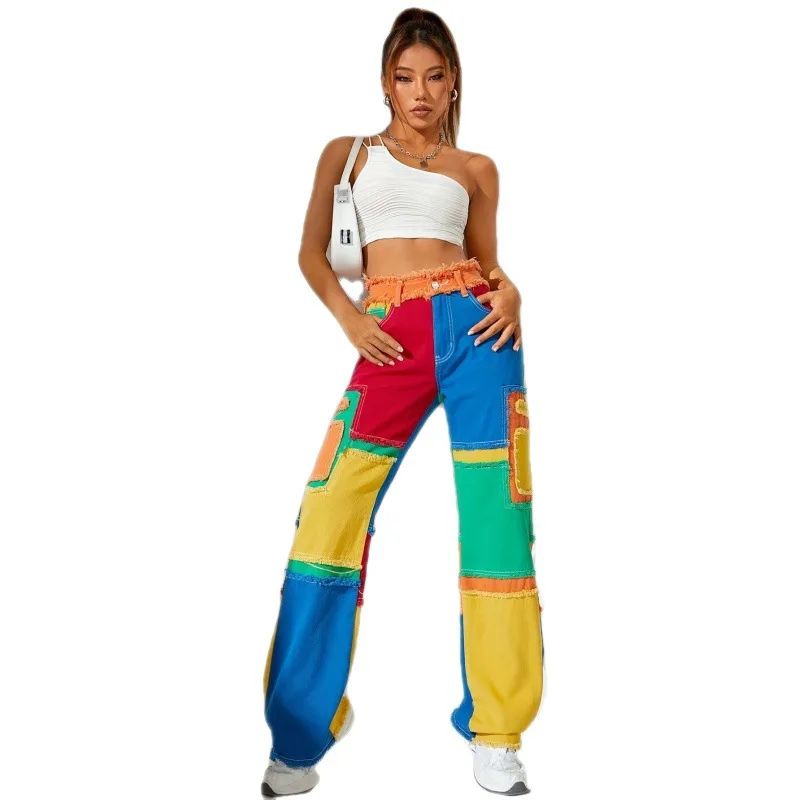 Women's Colorful Jeans Personality Street Pants Slim Fashion Color-blocked Street Corner Horn Jeans for Girls Stage Show Style - Image 5