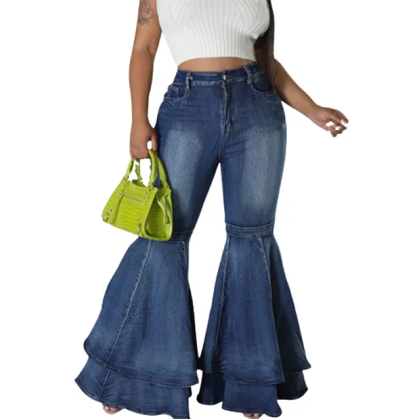 Fashion Splicing Layers Flared Jeans Women High Waist Comfortable Commuter Denim Pants Female Casual Stretch Wide Leg Trousers