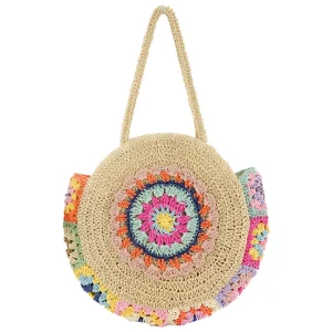 Women Fashion Woven Handbag Round Straw Woven Tote Bag Vacation Shoulder Bag Large Capacity Ethnic Style for Travel Vacation