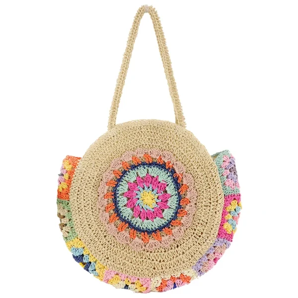 Women Fashion Woven Handbag Round Straw Woven Tote Bag Vacation Shoulder Bag Large Capacity Ethnic Style for Travel Vacation