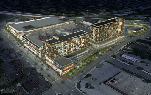Looking to the southeast this image shows the Gateway project at night. The towers in the foreground are residential with retail on the bottom floor. Image courtesy Slaggie Architecture, Inc.