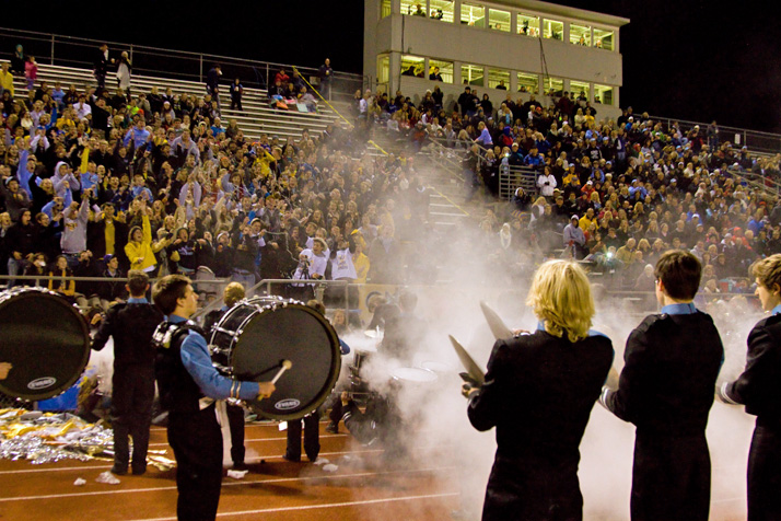 The drumline capped off its halftime theatrics with a baby powder cymbal explosion.