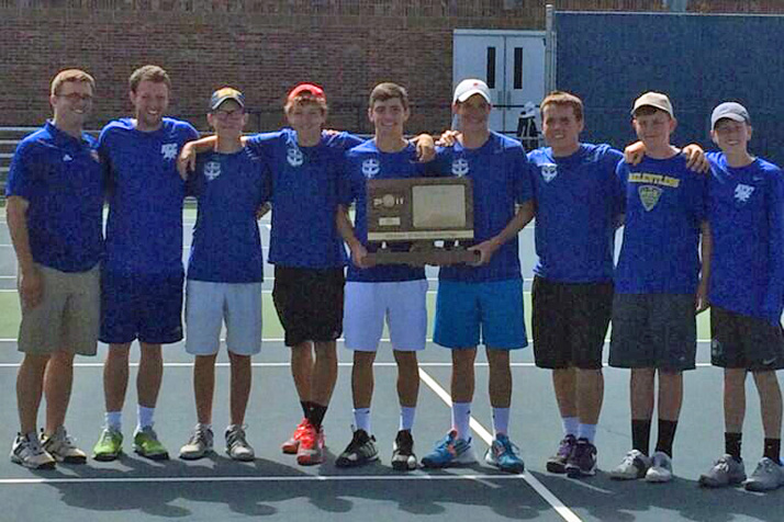 Kansas City Christian's boys tennis team celebrates its 3-2-1A title in Goddard. Photo via KCC Athletics Twitter.