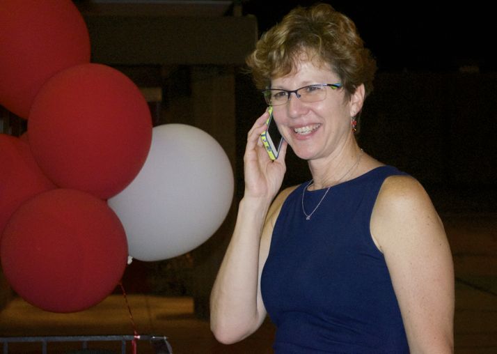 Laura McConwell learned that she had finished second in Tuesday's primary and would mpve on to the general election.