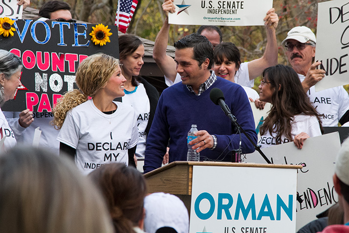 Greg Orman and his wife, Sybil, during a rally ahead of the 2014 Senate election.