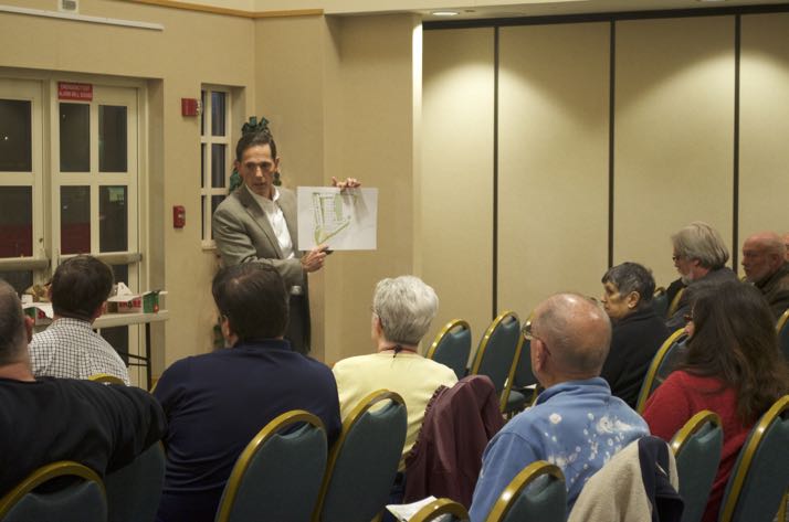 Developer Tom Valenti addressing questions about the Gateway project Tuesday.