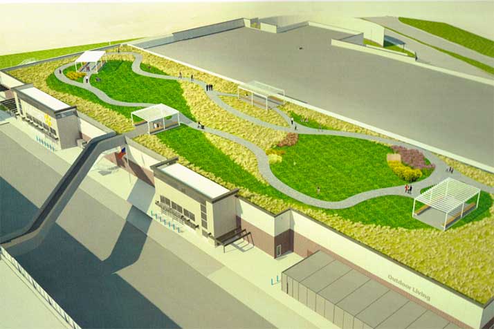 A rendering of Valenti's proposed green roof on the Walmart.