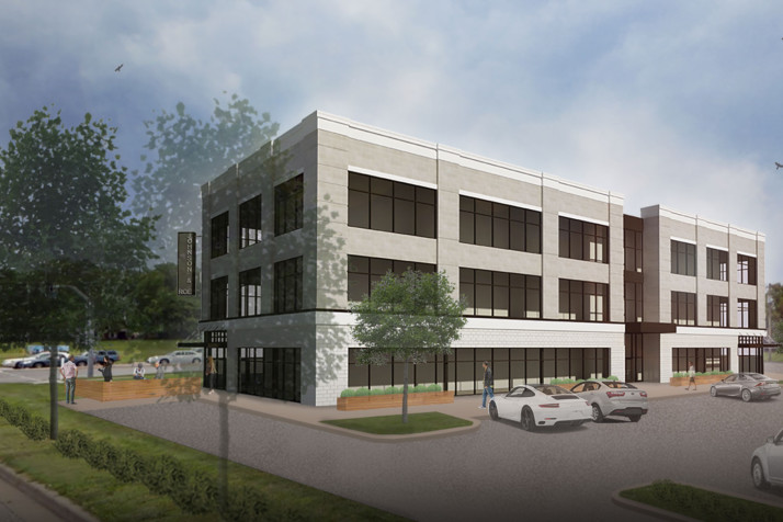 A rendering of the original three-story proposal looking west on Johnson Drive.