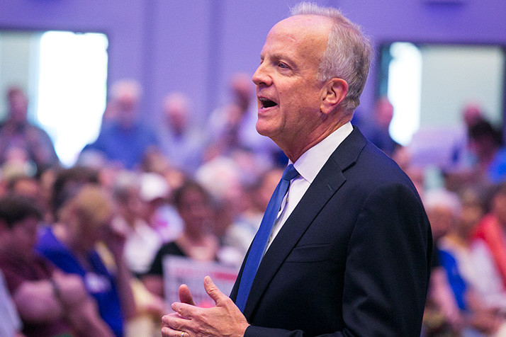 Sen. Jerry Moran at a town hall meeting in Lenexa this month.